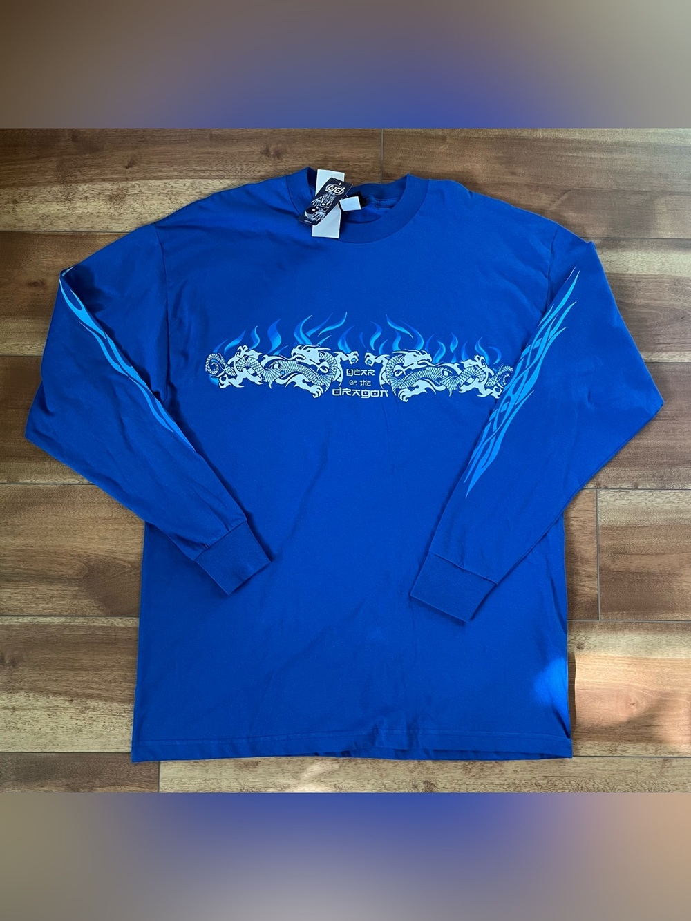 Y2K 2000 Year of The Dragon Blue Graphic Tee with Dragon Flame Design